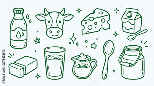 Foto Collection of hand-drawn dairy products and cow illustration in a simple doodle style