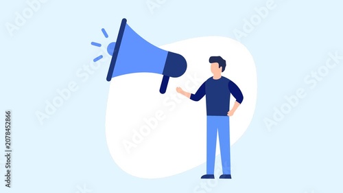 Animated man speaking into a large megaphone