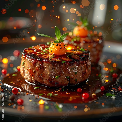 A savory dish with grilled meat, sauce, and garnishes