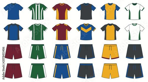 Matching sets of sports jerseys and athletic shorts.