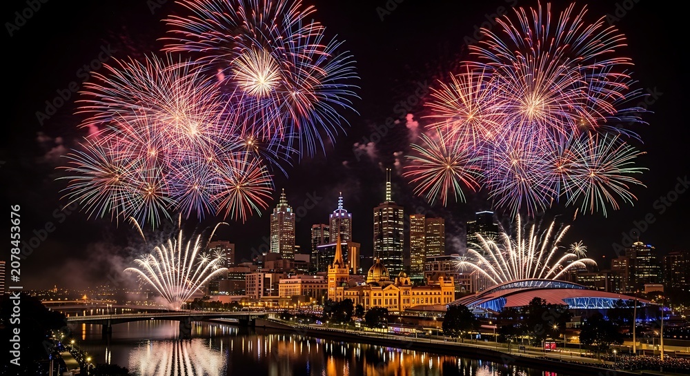 Fototapeta premium Colorful Fireworks Display Over City Skyline Night Scene.