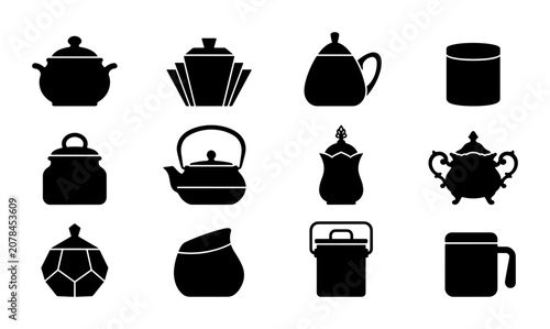 Foto Vector Icons Set: Diverse Sugar Bowls, Teapots, and Containers Collection for Cu
