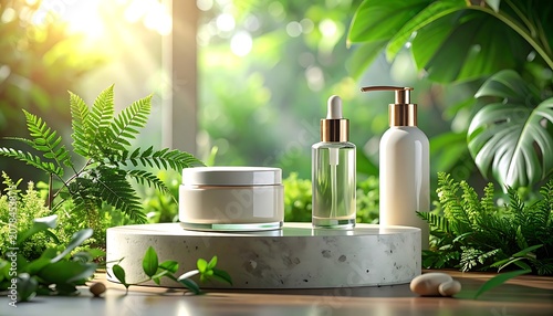 A serene display of skincare products surrounded by lush greenery (5)