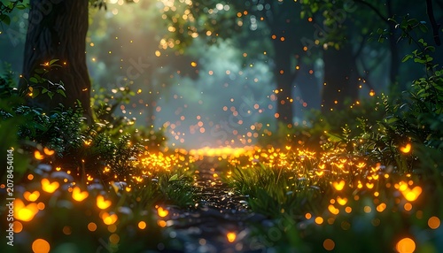A serene forest scene with glowing lights on the ground