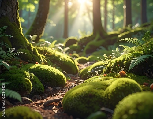 A serene forest scene with mossy ground and sunlight filtering through trees