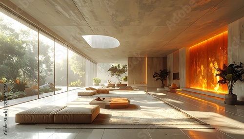 A serene indoor meditation room with large windows and a warm ambiance