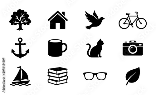 Canvastavla Simple Black Silhouette Icons Set: Tree, House, Bird, Bicycle, Anchor, Mug, Cat, Camera, Sailboat, Books, Glasses, Leaf