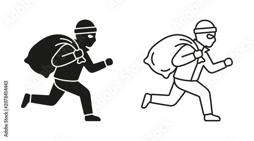 Foto Running thief silhouette with stolen sack black and white vector illustration