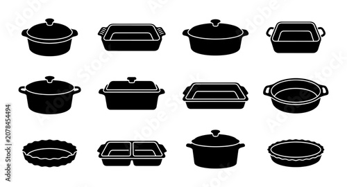 Tableau sur toile Kitchen Cookware Icons Set, Baking Dishes Collection, Roasting Pans Vector Graph