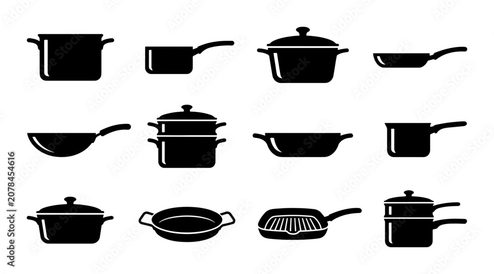 Fototapeta premium Black Kitchen Cookware Icons Set, Vector Cooking Pots and Pans Collection, Culinary Utensils Graphic Elements for Food Preparation and Restaurant Design