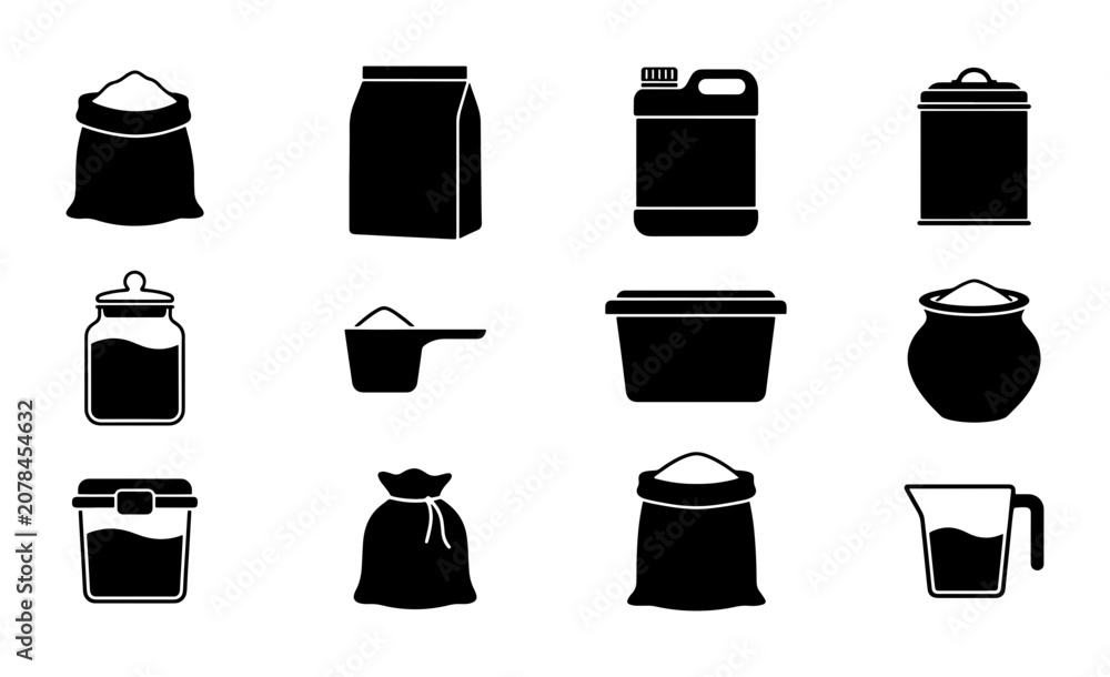 Fototapeta premium Food Packaging Icons, Ingredient Containers Vector Set: Bags, Jars, Scoops, Tubs, Jugs for Storage and Retail