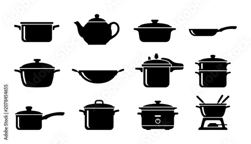 Bild auf Leinwand 12 Black Silhouette Kitchenware Icons, Cooking Pots and Pans Collection, Culinar