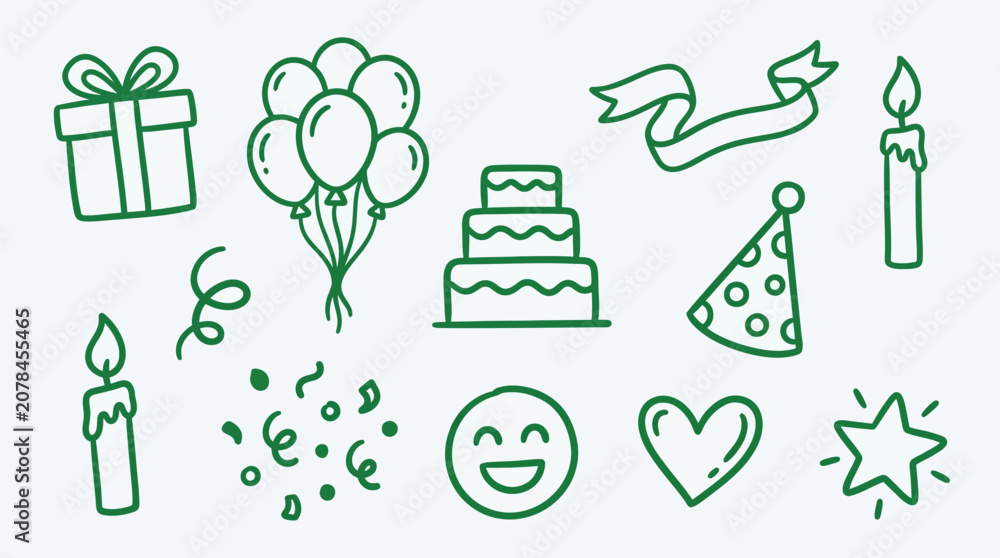 Fototapeta premium Collection of hand-drawn birthday party elements including a cake, balloons, gifts, and candles.