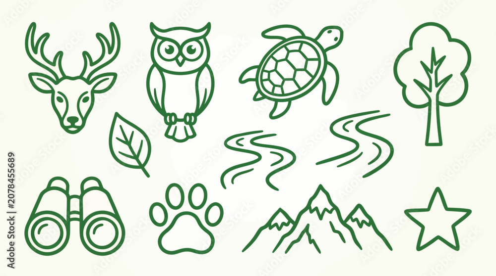 Fototapeta premium Collection of nature and wildlife icons in a simple green outline style, perfect for environmental themes.