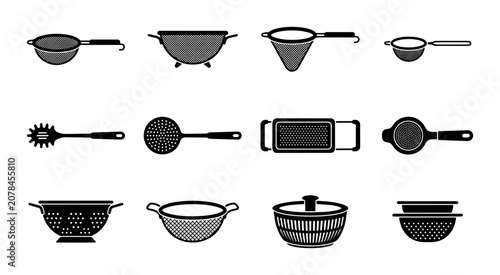 Foto Kitchen Strainers and Sieves Vector Icons Set, Cooking Utensils Collection, Food