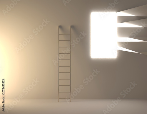 Stepladder leaning on wall leading to white glowing window, business succes, target or achievement concept AI.

