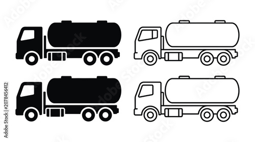 Quadro su tela Tanker Truck Silhouettes And Line Art On White Background