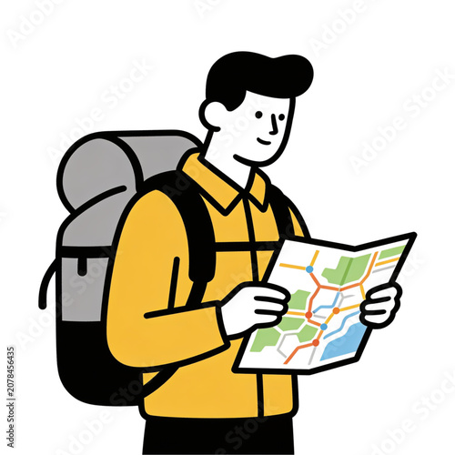 Young Backpacker Reading Map Travel Adventure Illustration