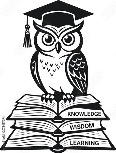 Wise graduation owl wearing mortarboard perched on stack of open learning books vector design