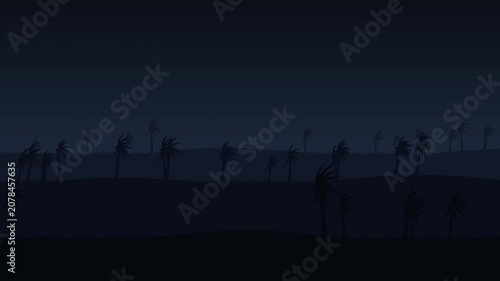 Windy Palm Trees Silhouette on Dark Hills at Night Abstract Motion Background