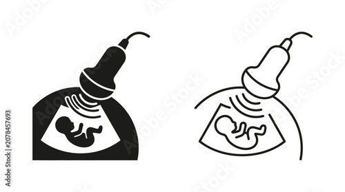Photos Ultrasound Probe With Fetal Image Black Silhouette Illustration