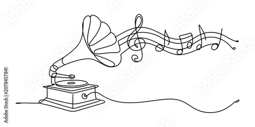 Obraz na plátně Continuous single line drawing of a vintage gramophone record player playing mel
