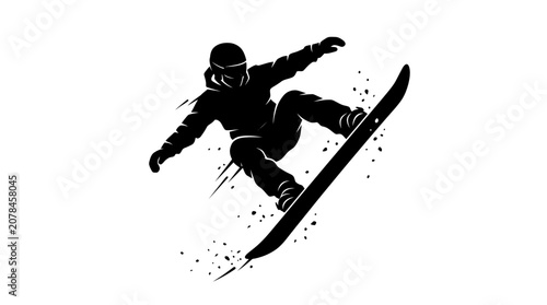 Fotografie A snowboarder executes a dynamic aerial jump against a bright white background, captured in high-contrast black and white silhouette