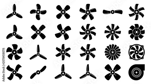 Foto A diverse collection of black silhouette fan blades and impellers, showcasing various designs and shapes