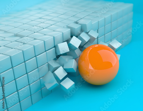 Orange ball or sphere on stacked blue boxes pyramid on cyan background, business steps or challenge concept AI.
