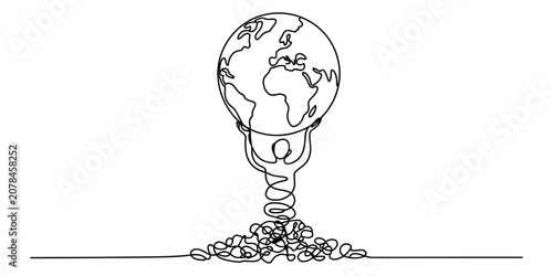 Foto A single continuous line drawing of a person lifting a globe earth above their h