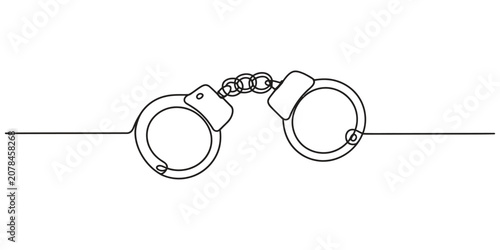 Obraz na plátně Continuous single line drawing of metal handcuffs criminal justice with security