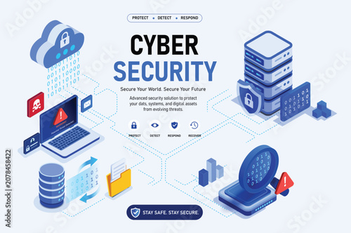 Cybersecurity Concept with Digital Devices and Data Protection Icons in Modern Isometric Design