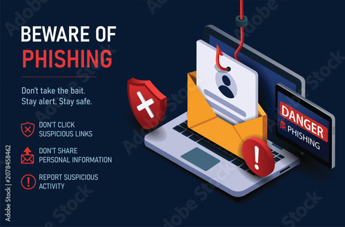 Beware of Phishing - Digital Security Concept with Laptop, Envelope, and Warning Icons Highlighting Online Threats