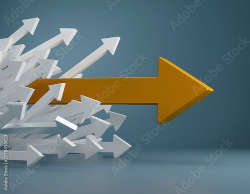 Many arrows pointing in different directions with one arrow showing main direction over blue background, solution, strategy, plan or success concept With AI.
