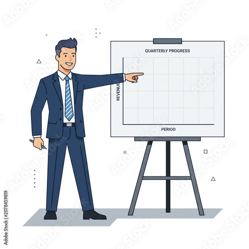 Businessman Giving Presentation at Whiteboard Flat Vector Illustration