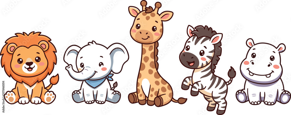 Obraz premium Cute cartoon safari baby animals vector illustration set featuring lion elephant giraffe zebra and hippo for nursery wall art design