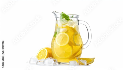 A Pitcher Of Lemonade With Ice And Mint
