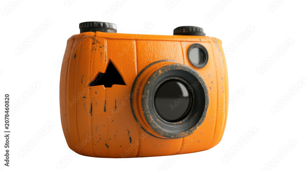 Camera shaped like a carved pumpkin serves as a whimsical and creative prop for seasonal autumn photography projects, offering a unique thematic element for festive marketing campaigns and social.