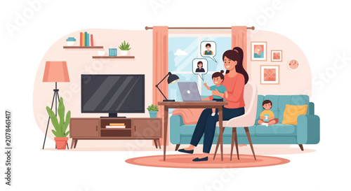 Vector illustration of a mother multitasking by working on a laptop and video conferencing while holding a toddler in a living room with another child sitting on the sofa.