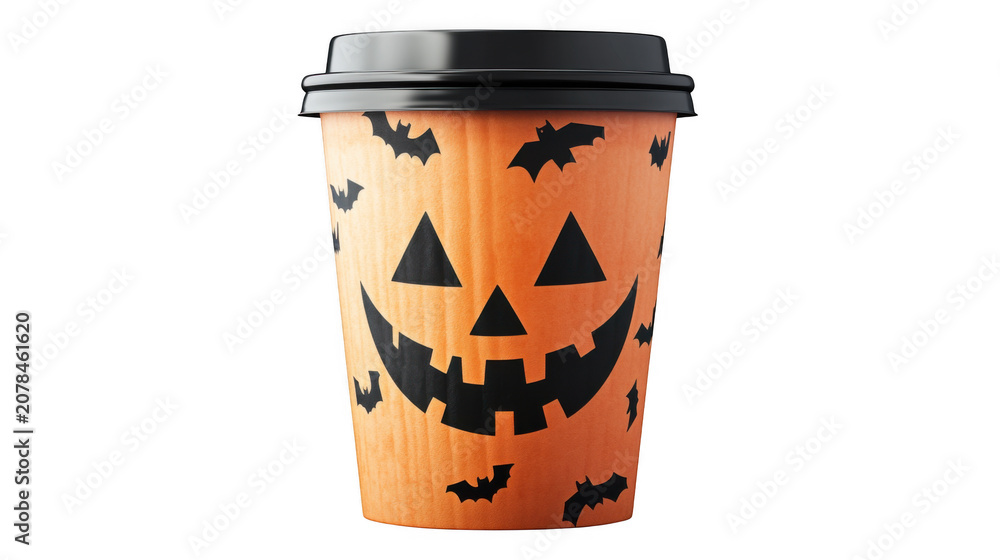 Coffee cup featuring a jack-o'-lantern face and bat silhouettes on an orange paper sleeve provides a thematic drink container for seasonal autumn festivals and festive holiday morning routines.