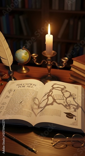 Vintage Desk Scene with Candle and Open Book in Cozy Library.