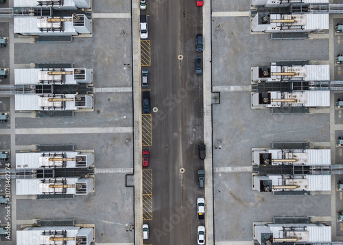 Large data center facility from overhead perspective with cars