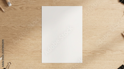 Blank Paper Sheet Mockup Back To School Office Supplies Stationery Wooden Table Desktop Background Creative Workspace Top View Flat Lay Professional Minimalist, Learning Education Study, Productivity