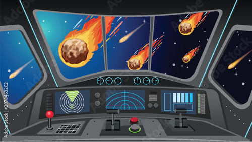 Spaceship Cockpit View of Flaming Asteroids and Comets in Outer Space