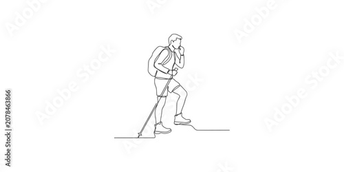 Bild auf Leinwand Continuous single line drawing of a man hiking with a backpack and trekking pole