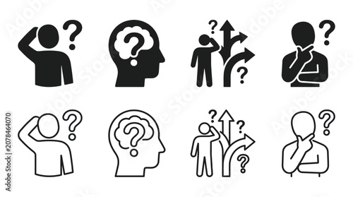 Question Mark Icons With People And Heads Line And Solid Styles