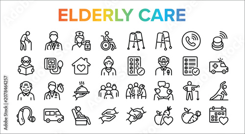 Elderly care line icons depicting senior citizens medical assistance and daily living activities on a white background accessibility aging caregiver chronic illness