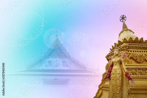 The golden pagoda, with statues of celestial beings in the foreground in imagination to be heaven.