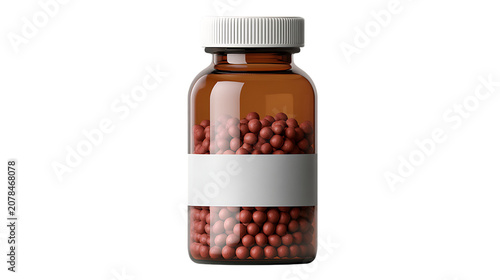 Amber medicine bottle with brown pills isolated PNG, pharmaceutical container on transparent background for healthcare and medical use