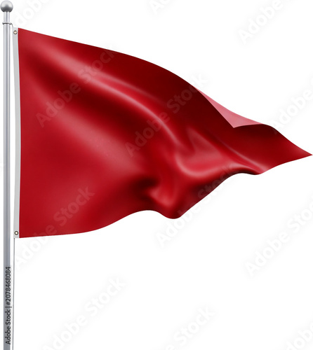 Red flag waving on silver pole.
